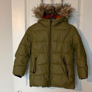 Boy’s Zara Olive Green Puffer Jacket with Faux Fur Hood